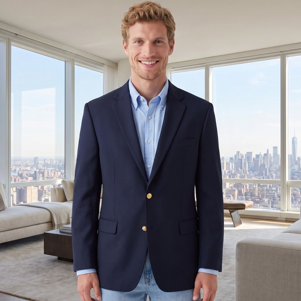 Lauren Ralph‎ Lauren Wool Blend Blazer Mens 44L Navy Blue Preppy Gold Button